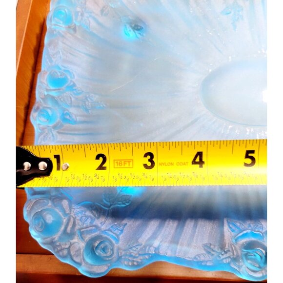 Vintage Tiffin Glass Co Blue UV Reactive Vanity Tray Raised Rose Edges Rare Find - Picture 6 of 10